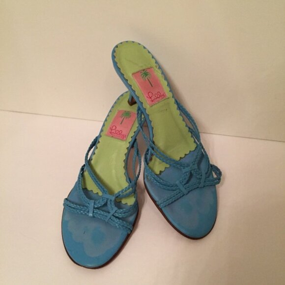 LILLY PULITZER SHOES HEELS 3.5” SANDAL BLUE LEATHER BRAIDED STRAP ITALY - Picture 4 of 6